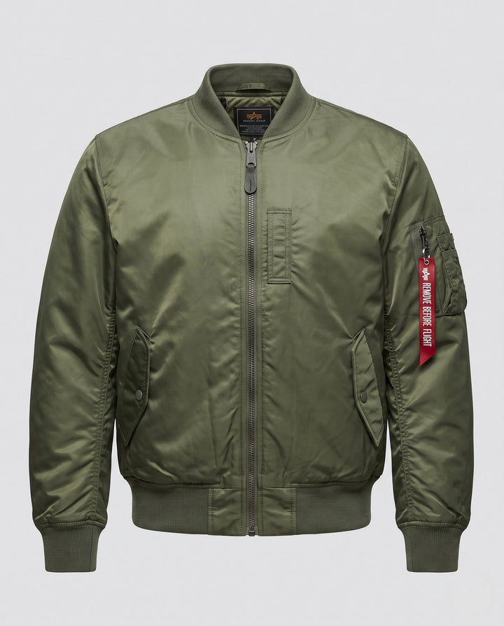 Herr bomberjacka i pilot stil med vadderad värmande isolering, vattenavvisande nylon skal och ärm ficka detalj