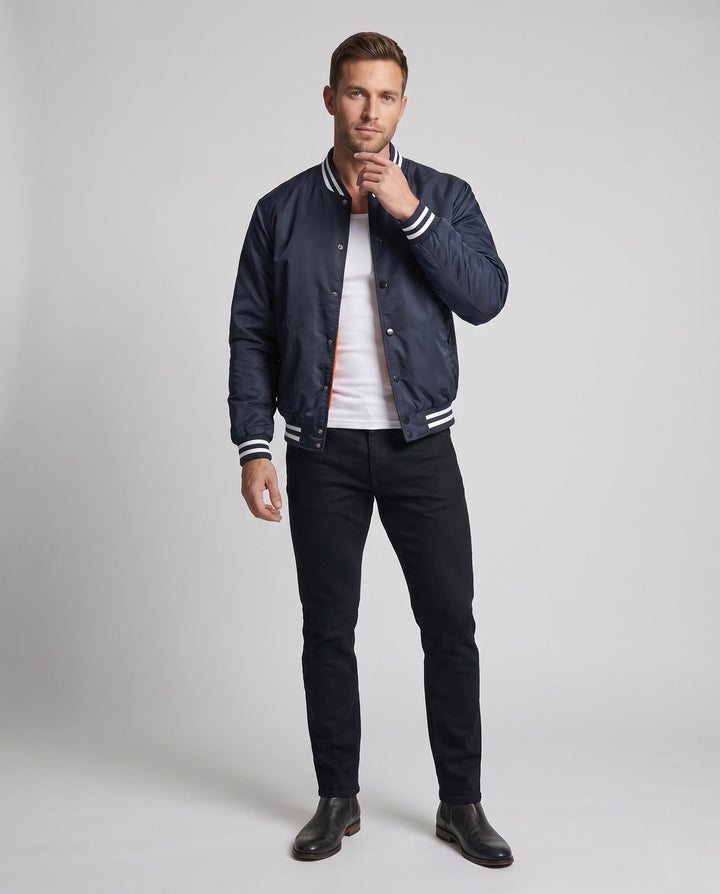Herr college blouson med quiltad värmande foder och contrasting ribbad krage