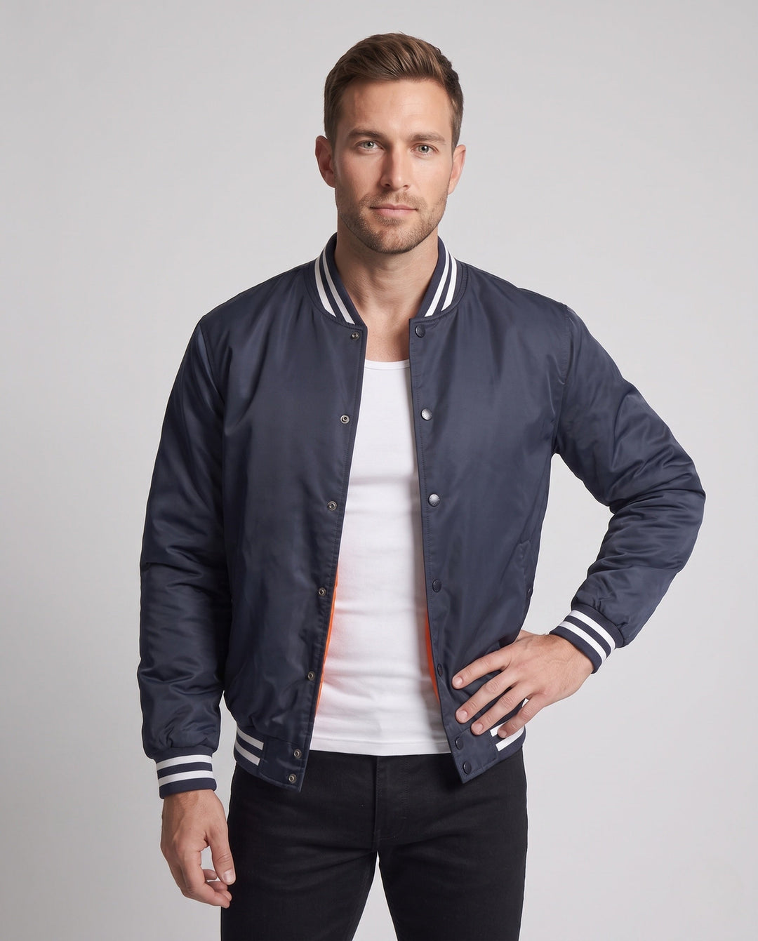 Herr college blouson med quiltad värmande foder och contrasting ribbad krage