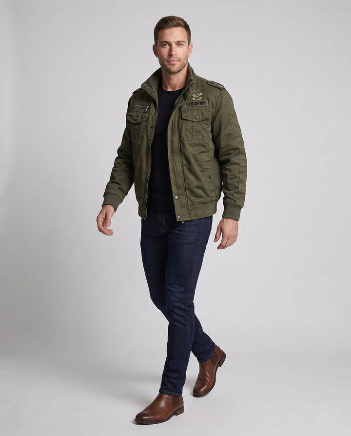 Herr Lined Canvas fältjacka i Militär Worker Stil med Teddy Fleece Krage
