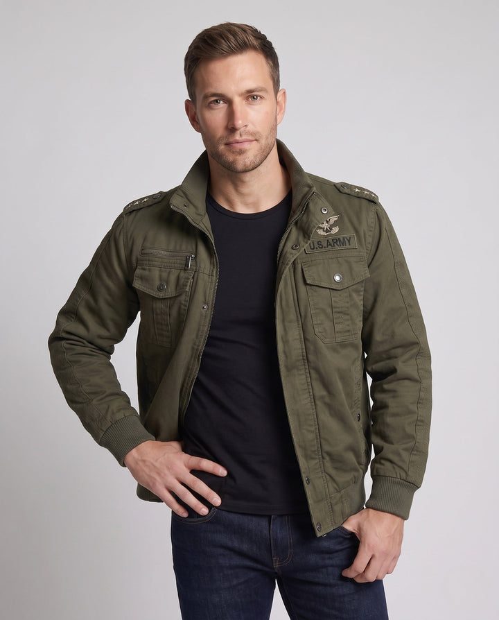 Herr Lined Canvas fältjacka i Militär Worker Stil med Teddy Fleece Krage