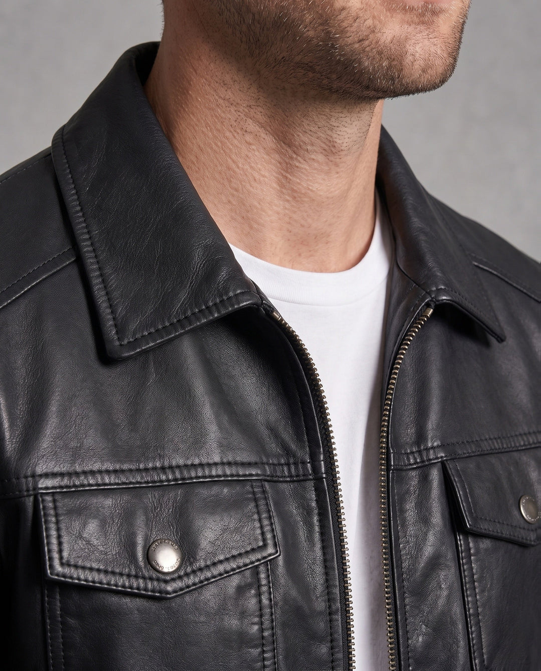 Herr slät artificial läder blouson i trucker stil med värming teddy fleecefoder