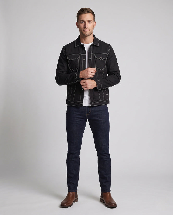 Herr contrast-stitched trucker jacka med vadderad värmande foder och tryckknapp knäppslå