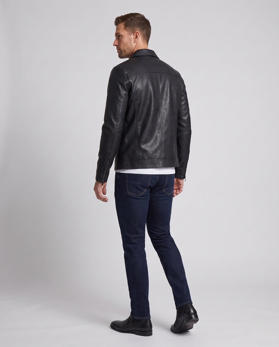 Herr synthetic läder fältjacka i slim passform med bröst fickor med lock och värming fleecefoder