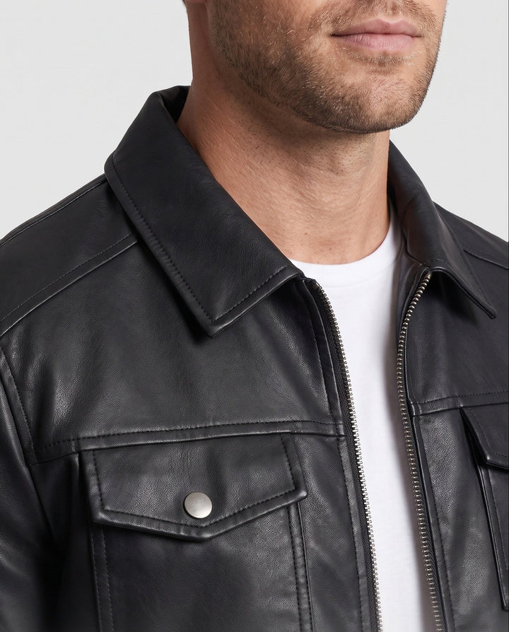 Herr synthetic läder fältjacka i slim passform med bröst fickor med lock och värming fleecefoder