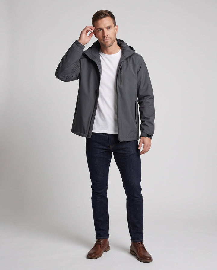 Herr lätt ventilerande softshell utomhusjacka med huva och vattenavvisande membran