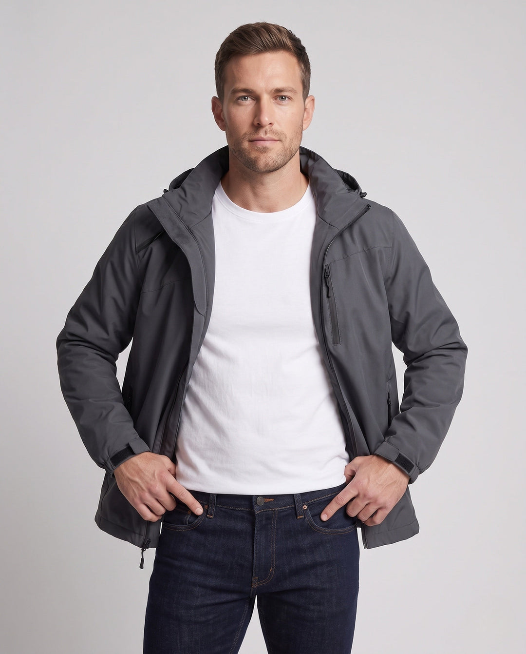Herr lätt ventilerande softshell utomhusjacka med huva och vattenavvisande membran