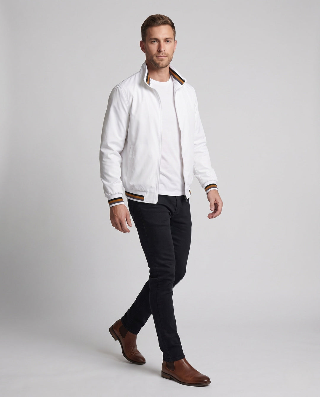 Herr lätt nylon Bomber med värming värmande foder och randig ribbade muddar