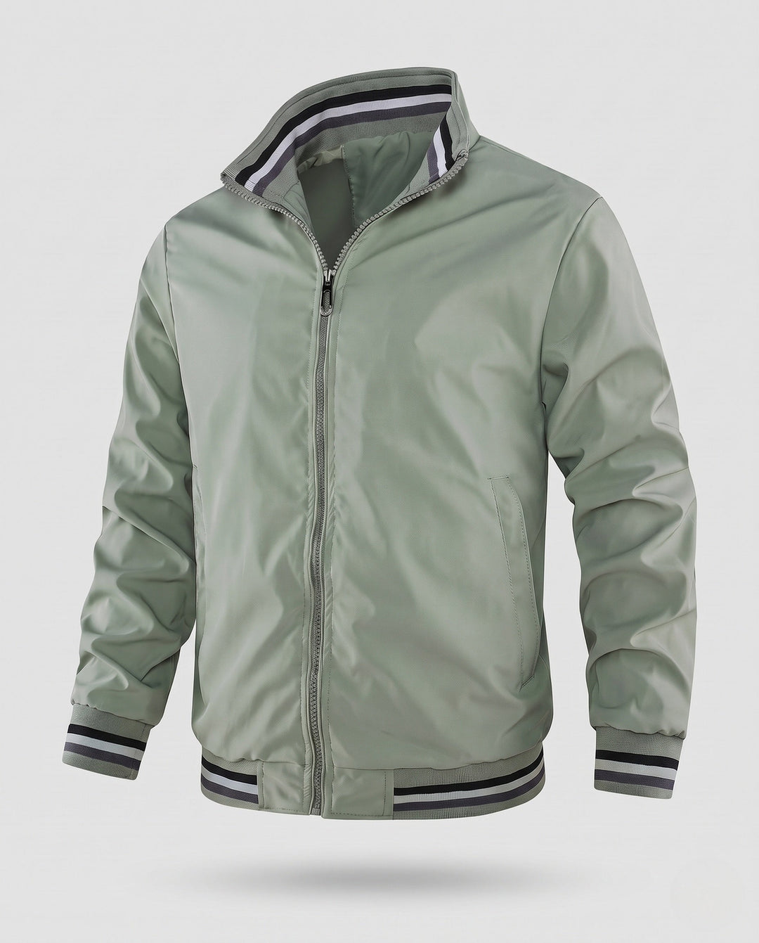 Herr lätt nylon Bomber med värming värmande foder och randig ribbade muddar