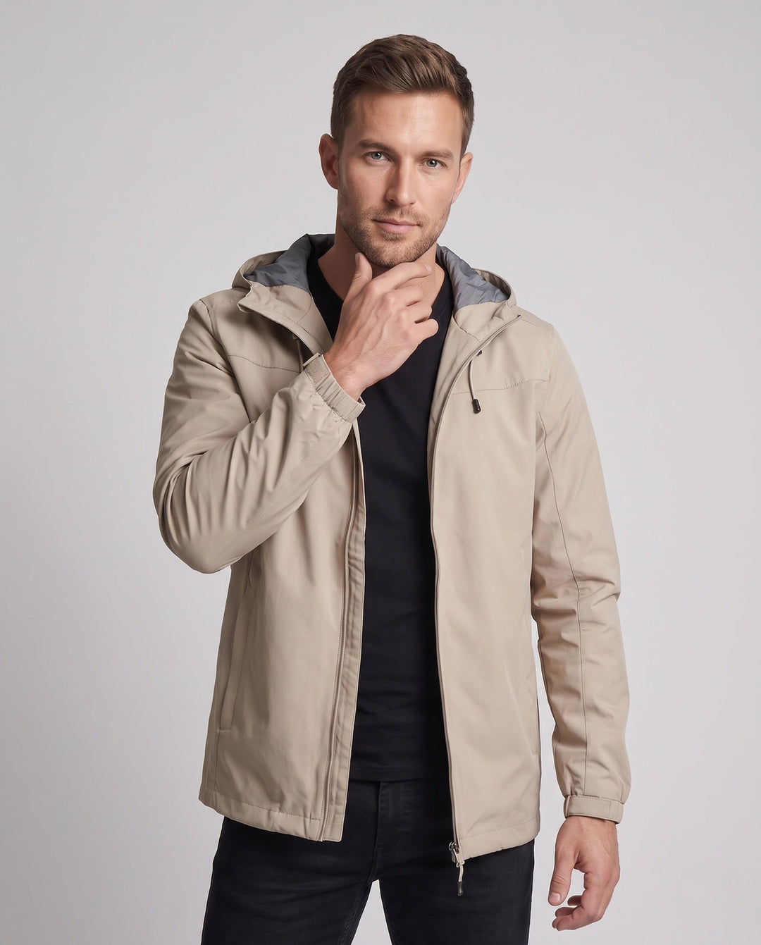 Herr lätt mjuk skal parka med justerbar huva och dragkedja fickor