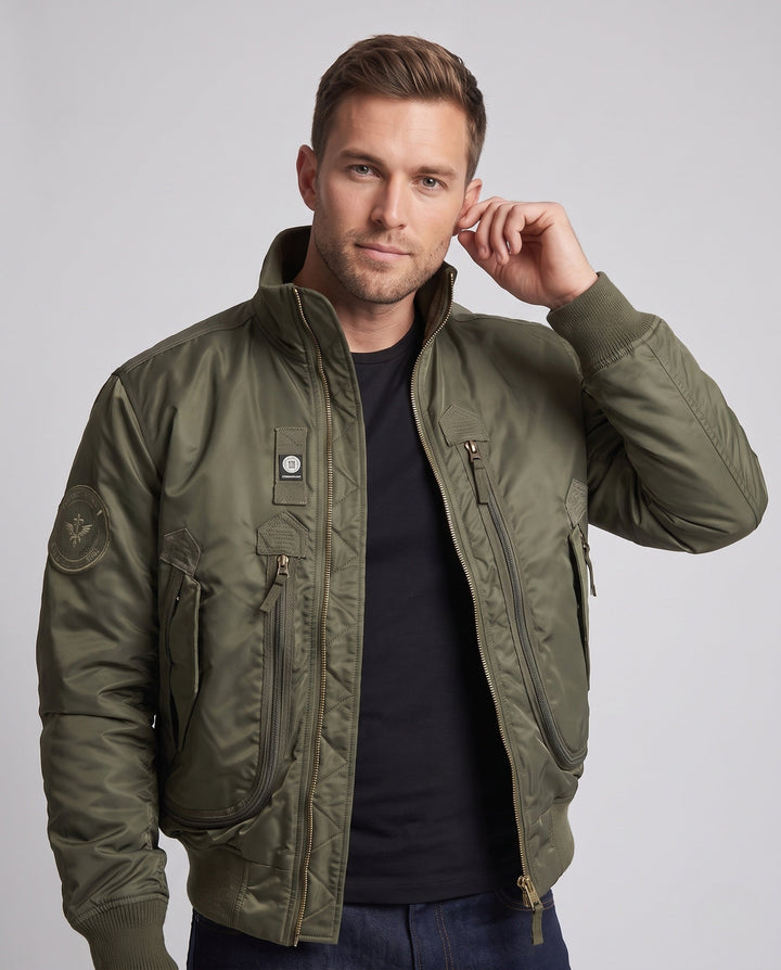 Herr pilot bomberjacka i funktion look med vertikala front fickor med dragkedja