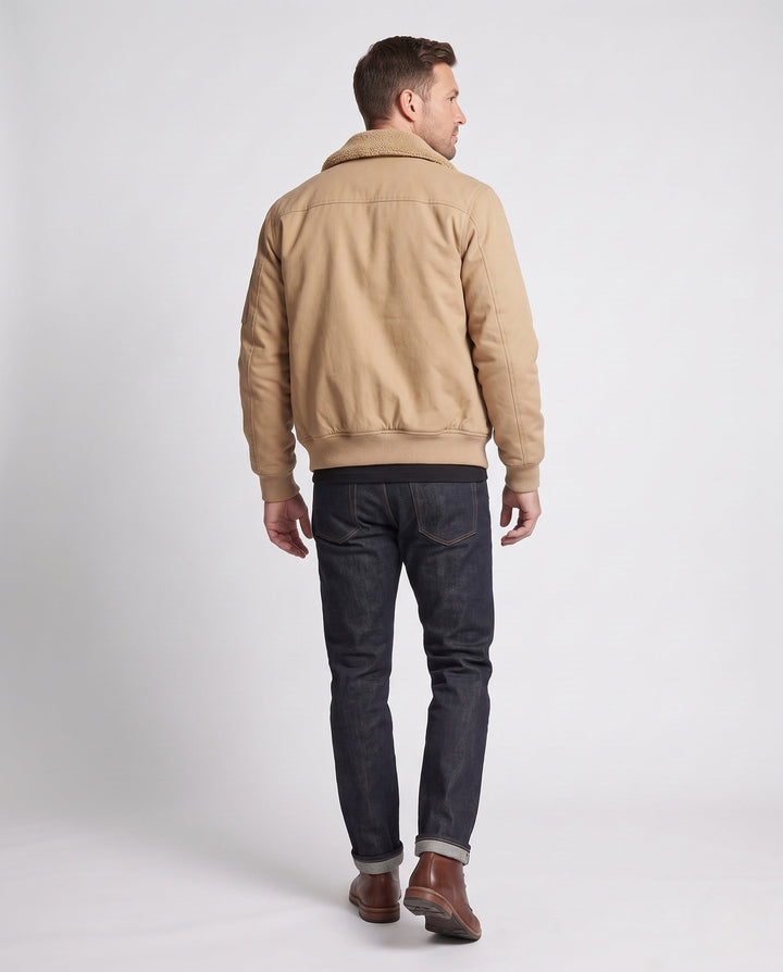 Herr pilot blouson i canvas look med teddy krage, ärm ficka, och ribbade muddar