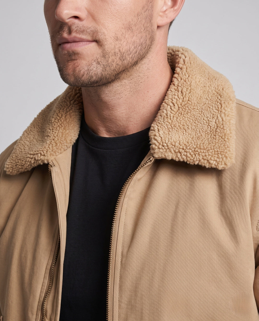 Herr pilot blouson i canvas look med teddy krage, ärm ficka, och ribbade muddar