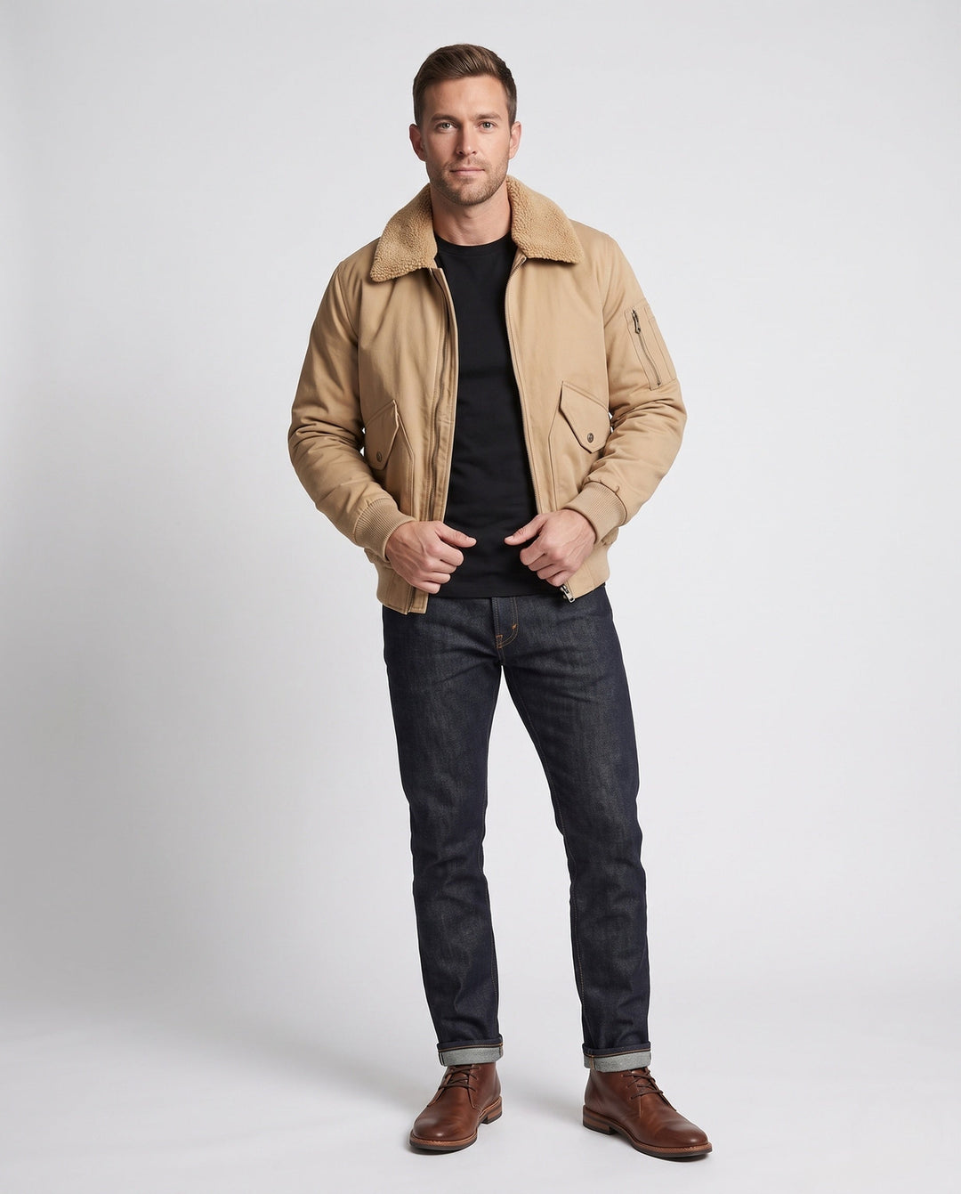 Herr pilot blouson i canvas look med teddy krage, ärm ficka, och ribbade muddar