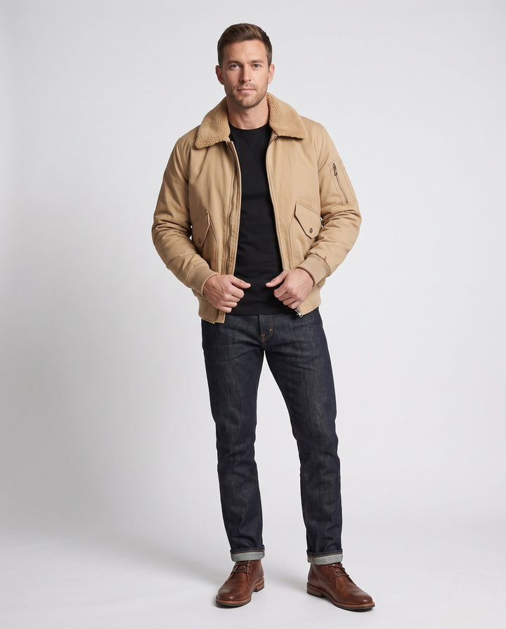 Herr pilot blouson i canvas look med teddy krage, ärm ficka, och ribbade muddar
