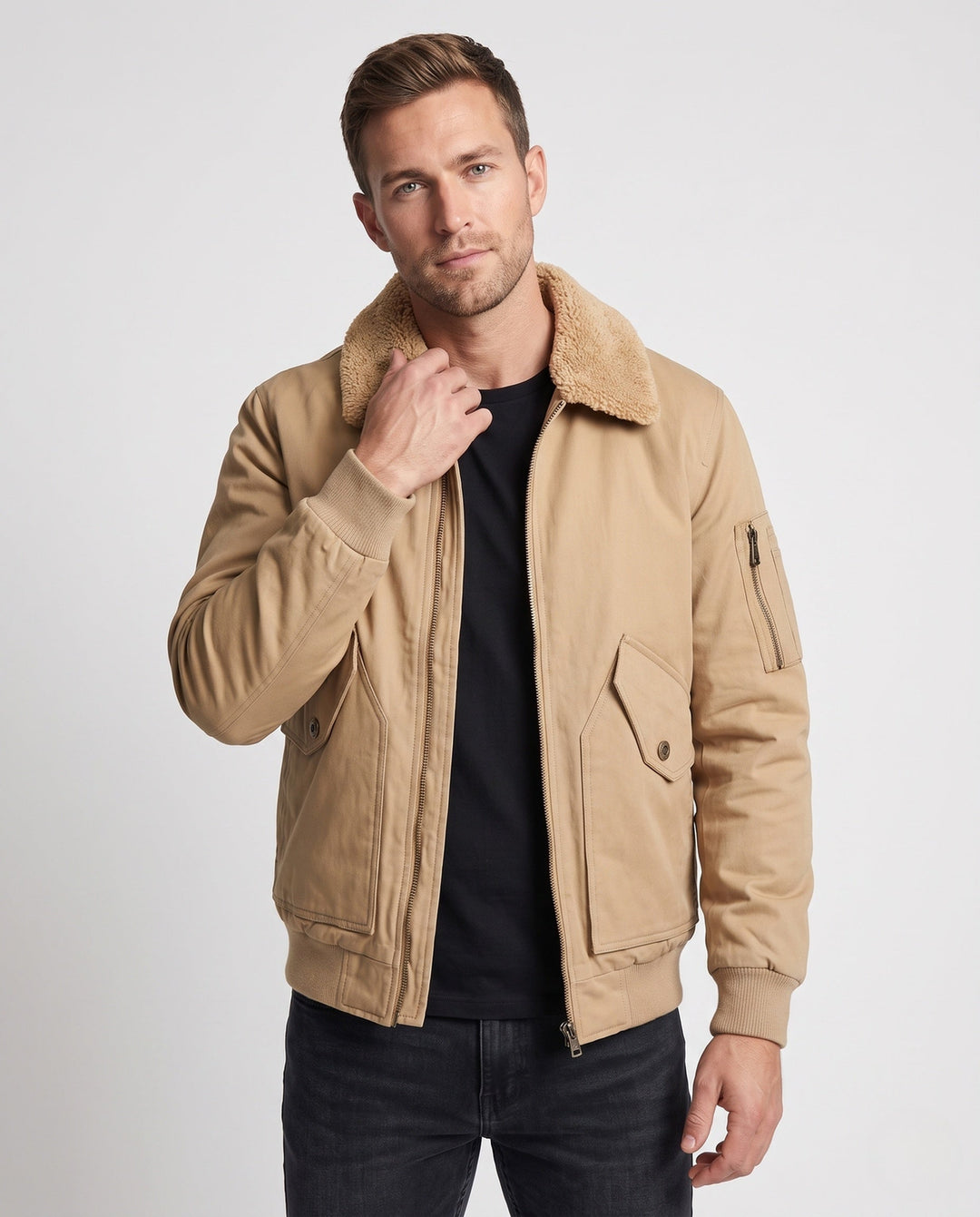Herr pilot blouson i canvas look med teddy krage, ärm ficka, och ribbade muddar