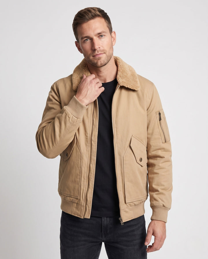 Herr pilot blouson i canvas look med teddy krage, ärm ficka, och ribbade muddar