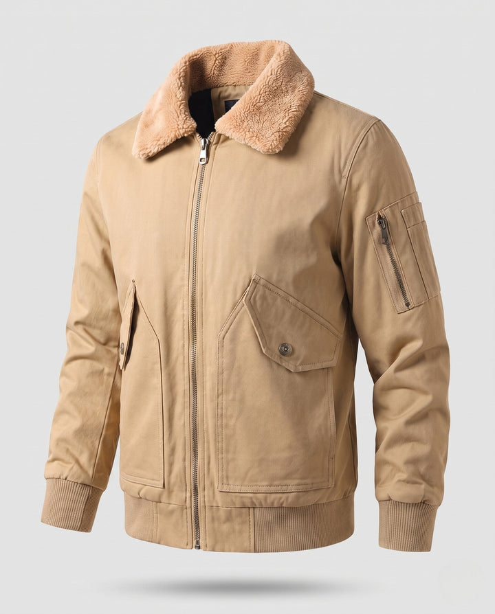 Herr pilot blouson i canvas look med teddy krage, ärm ficka, och ribbade muddar