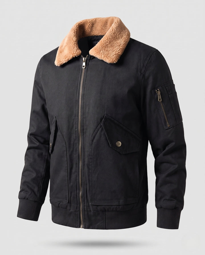Herr pilot blouson i canvas look med teddy krage, ärm ficka, och ribbade muddar