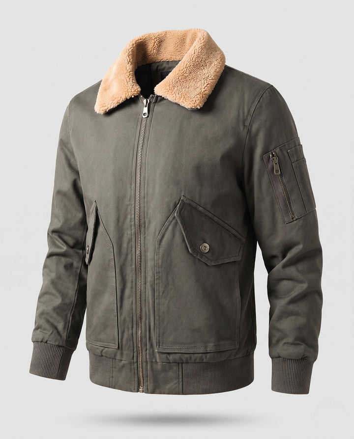Herr pilot blouson i canvas look med teddy krage, ärm ficka, och ribbade muddar