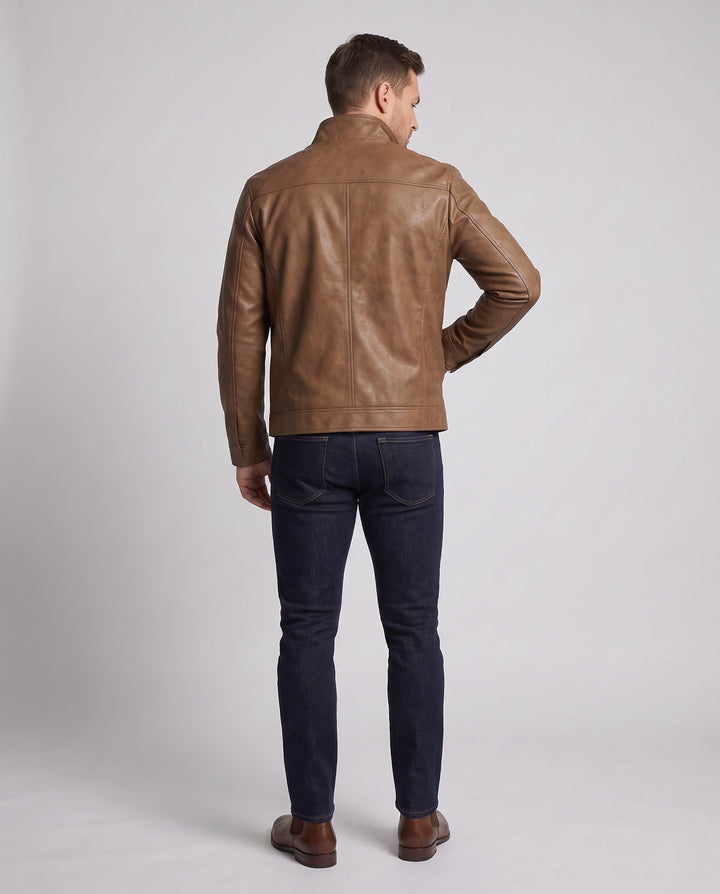 Herr slim passform läderlook Blouson med hög krage och dragkedja ficka detalj