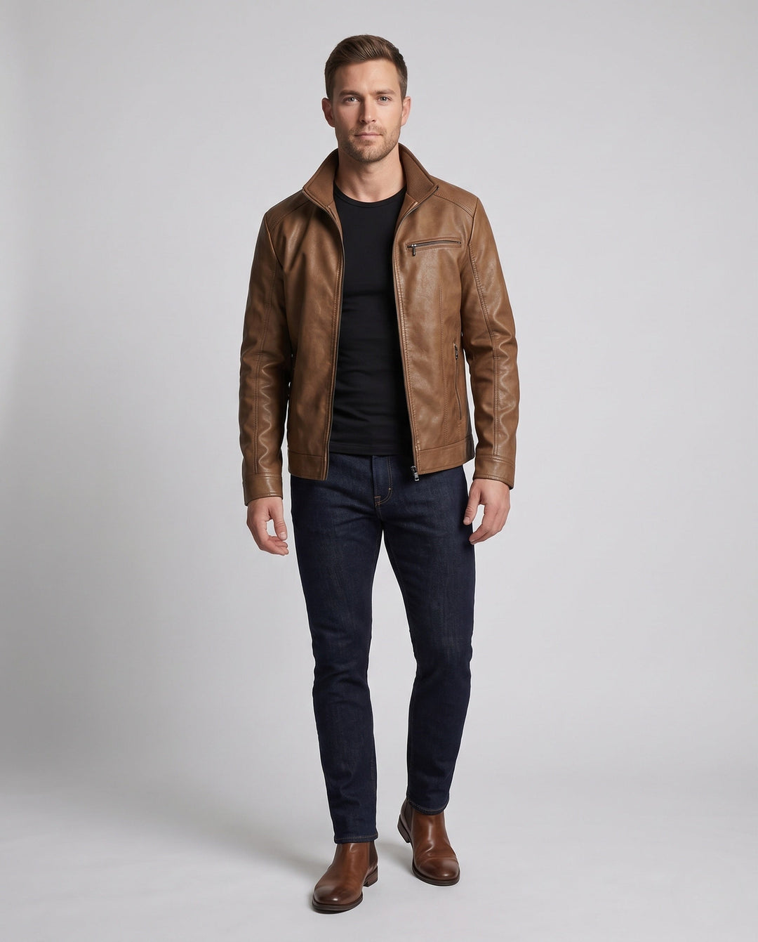 Herr slim passform läderlook Blouson med hög krage och dragkedja ficka detalj
