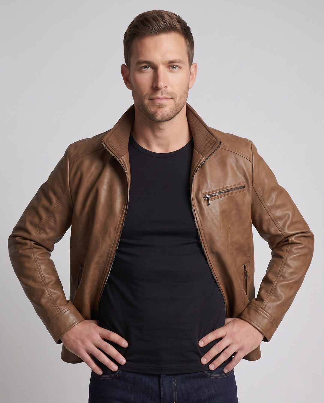 Herr slim passform läderlook Blouson med hög krage och dragkedja ficka detalj