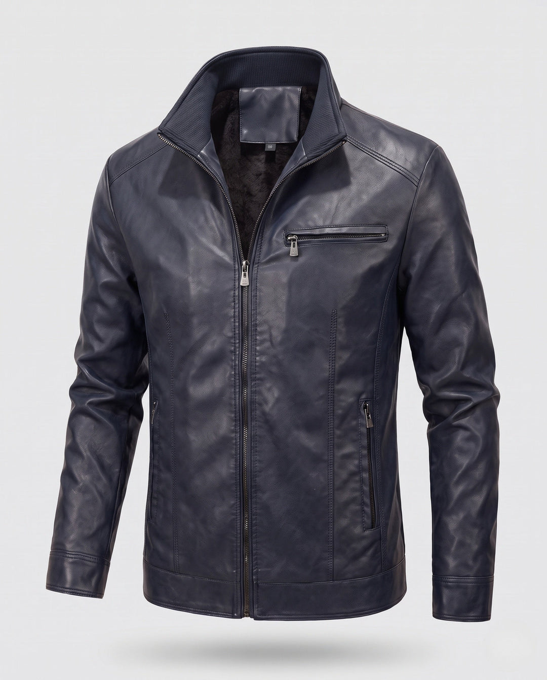 Herr slim passform läderlook Blouson med hög krage och dragkedja ficka detalj