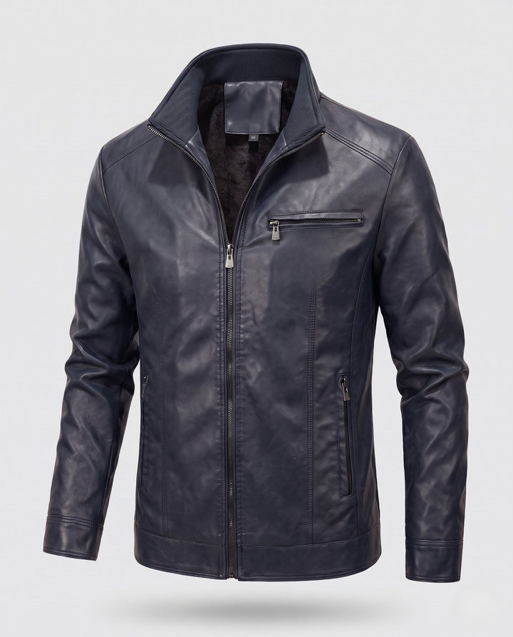 Herr slim passform läderlook Blouson med hög krage och dragkedja ficka detalj