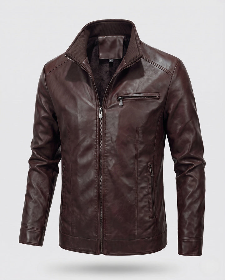 Herr slim passform läderlook Blouson med hög krage och dragkedja ficka detalj