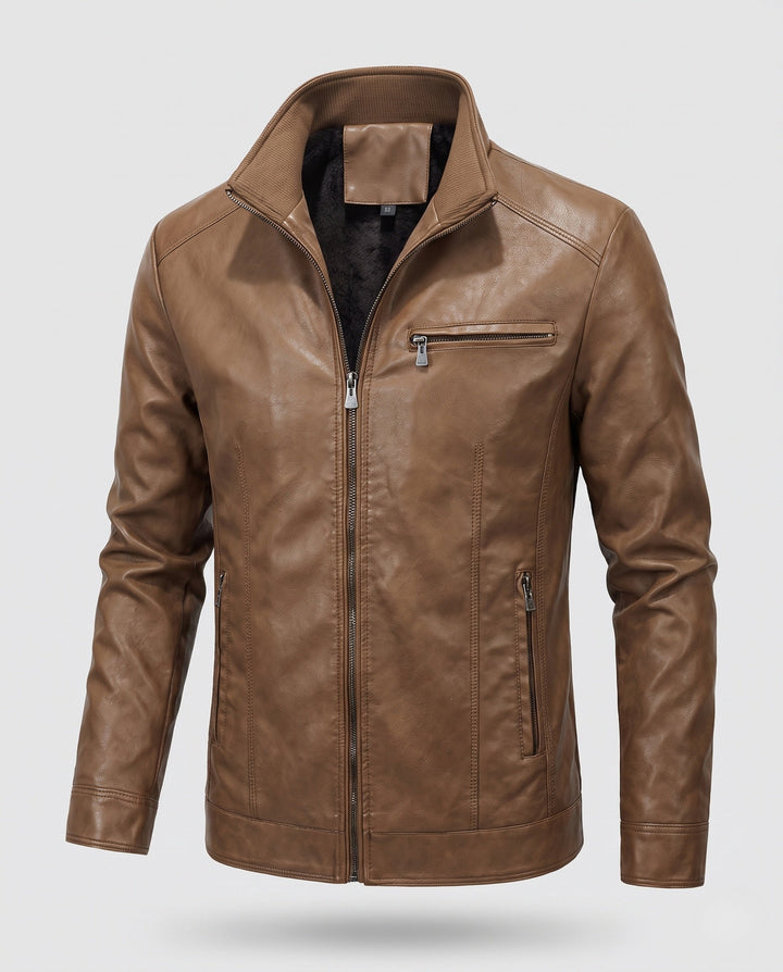 Herr slim passform läderlook Blouson med hög krage och dragkedja ficka detalj
