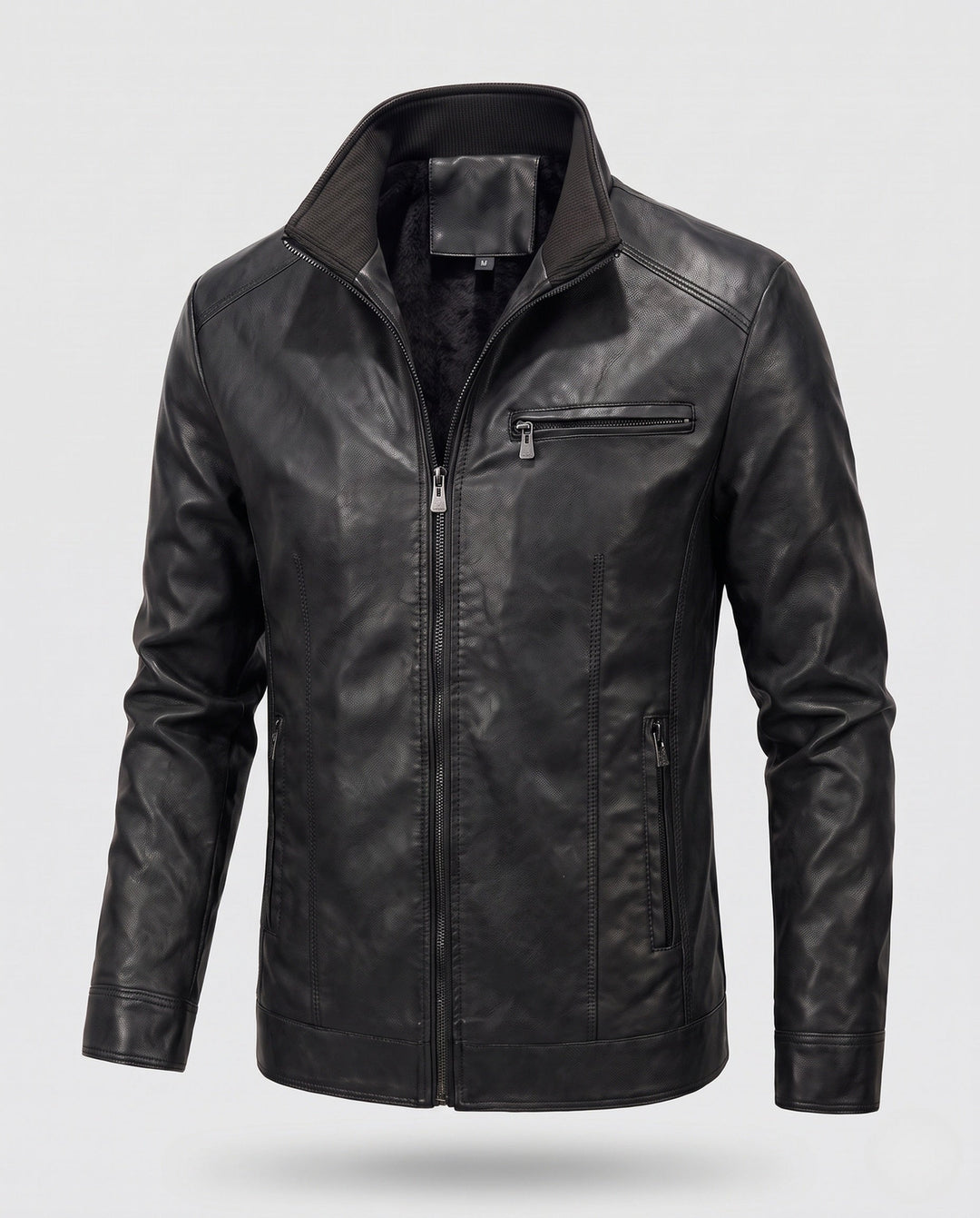 Herr slim passform läderlook Blouson med hög krage och dragkedja ficka detalj