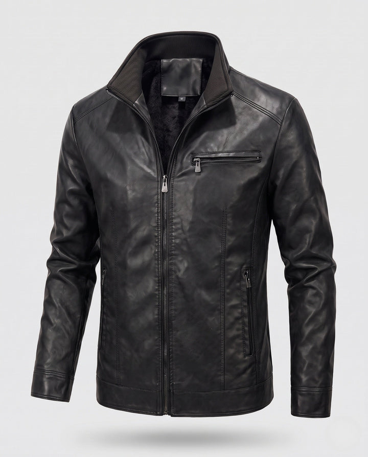 Herr slim passform läderlook Blouson med hög krage och dragkedja ficka detalj