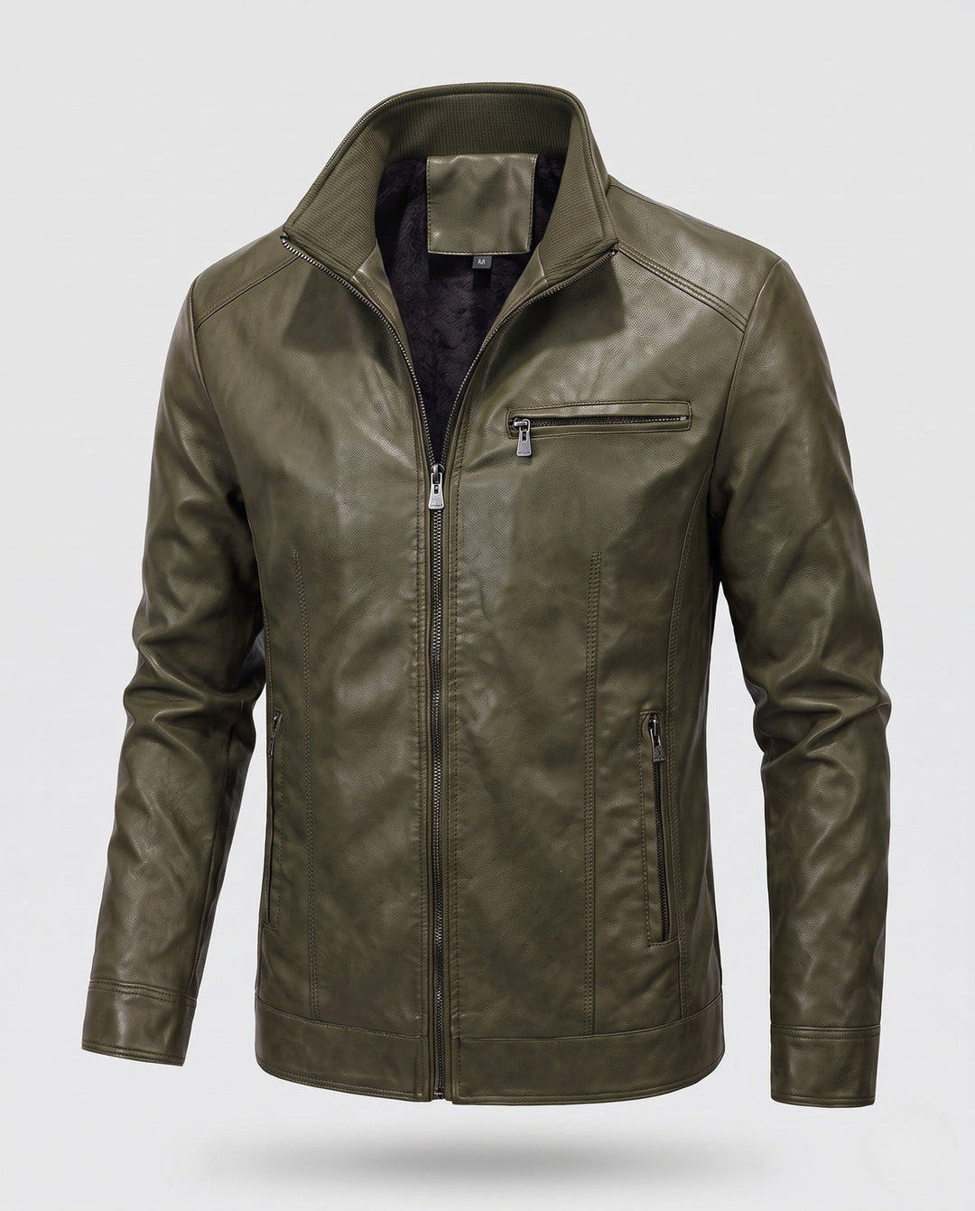 Herr slim passform läderlook Blouson med hög krage och dragkedja ficka detalj