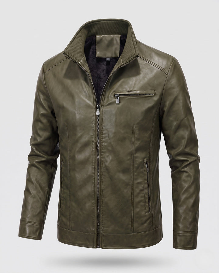 Herr slim passform läderlook Blouson med hög krage och dragkedja ficka detalj