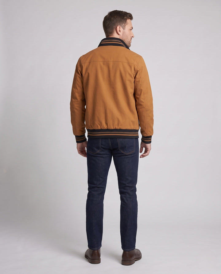 Herr Värmande Canvas Bomber med värming teddy fleecefoder, ståkrage och contrasting ribbad fålls