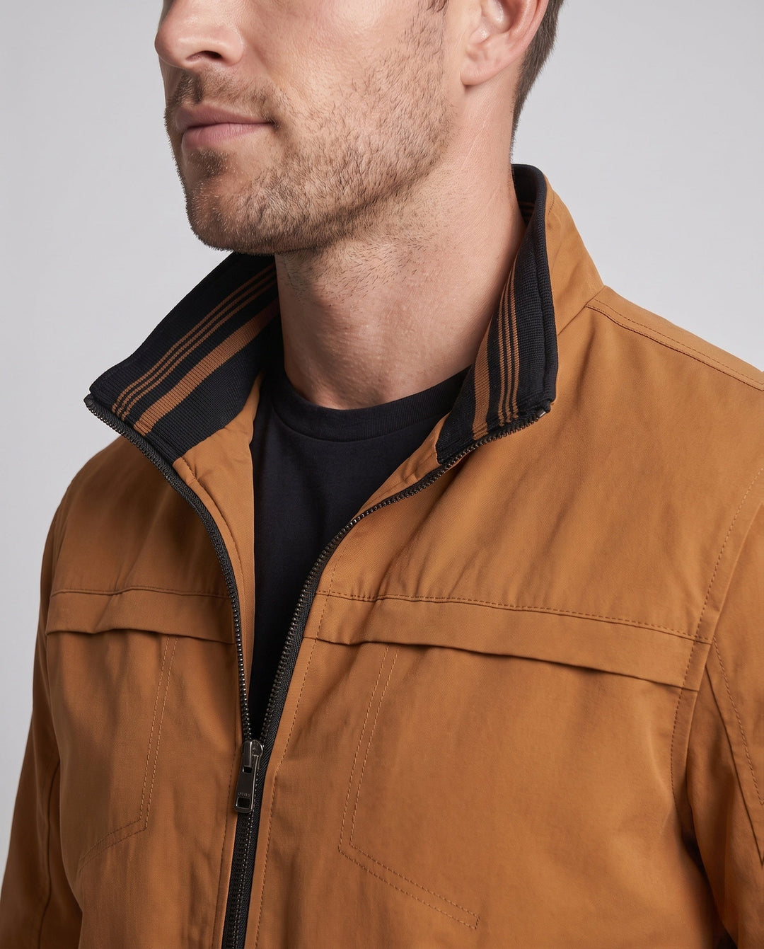 Herr Värmande Canvas Bomber med värming teddy fleecefoder, ståkrage och contrasting ribbad fålls