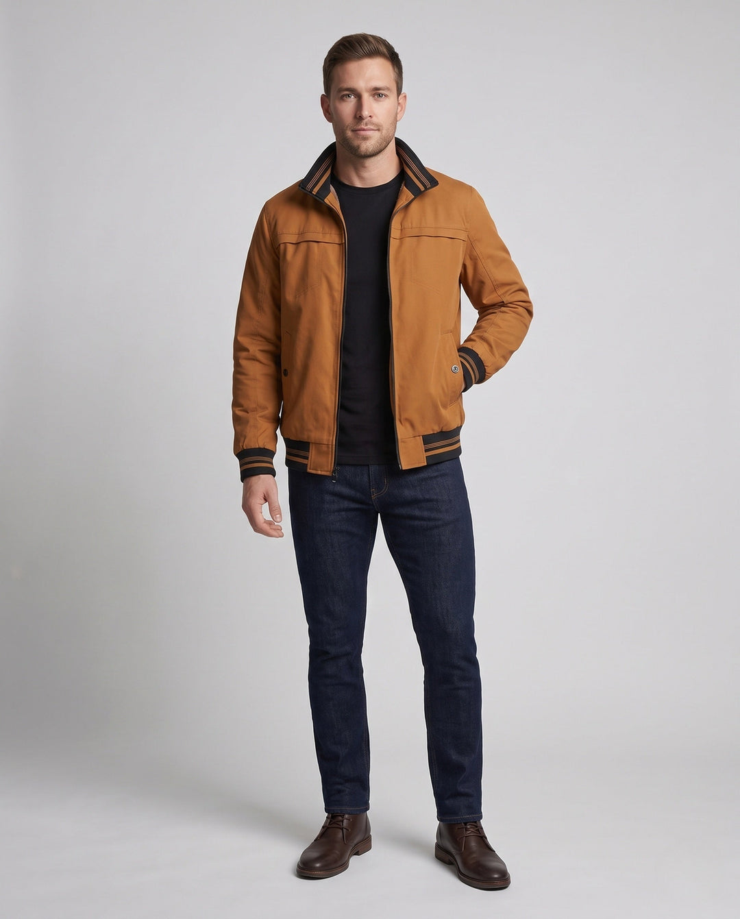 Herr Värmande Canvas Bomber med värming teddy fleecefoder, ståkrage och contrasting ribbad fålls