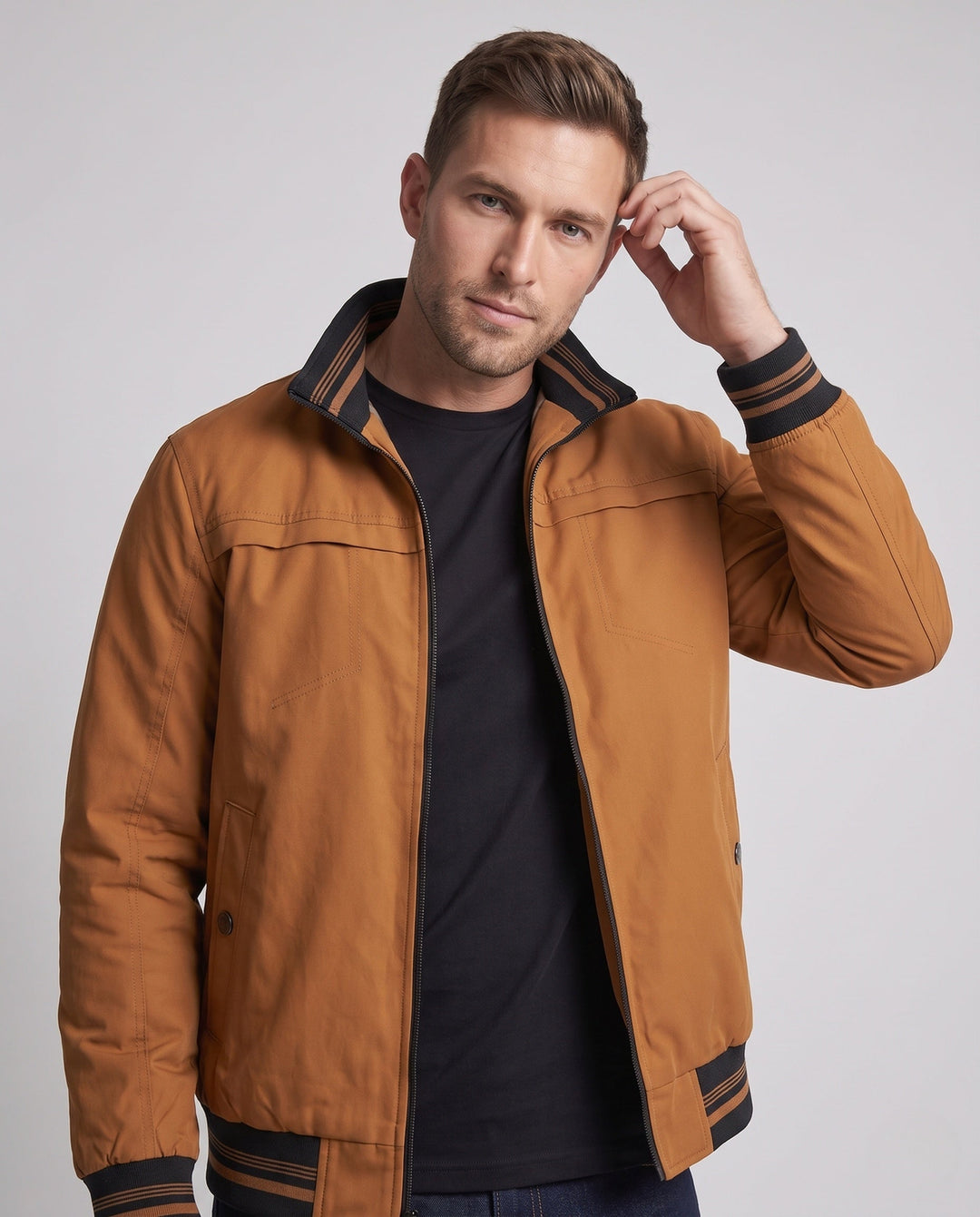 Herr Värmande Canvas Bomber med värming teddy fleecefoder, ståkrage och contrasting ribbad fålls