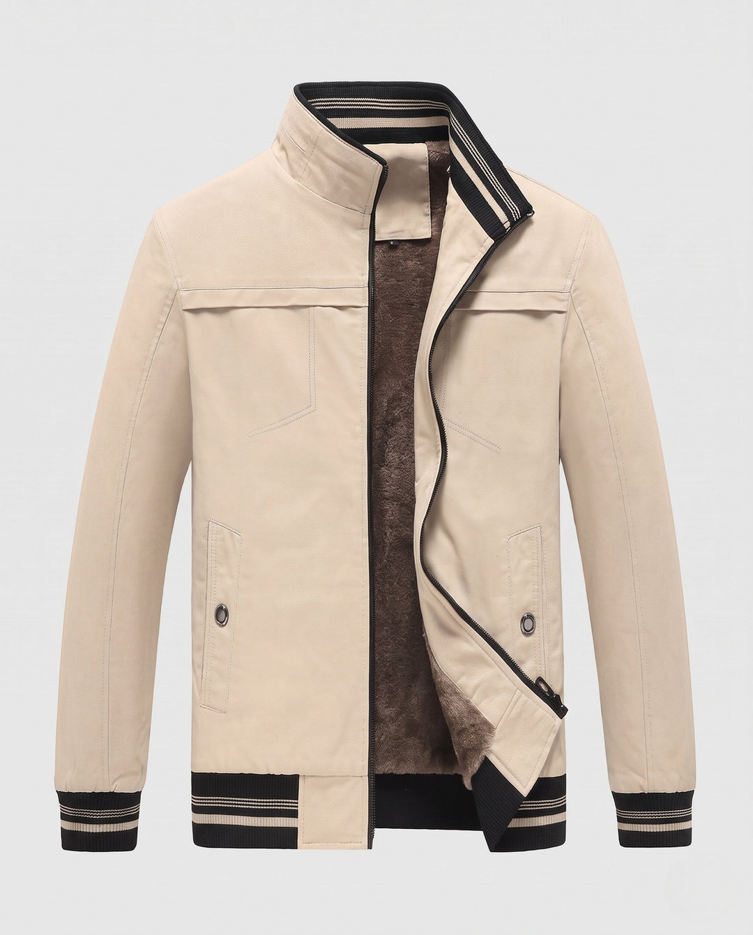 Herr Värmande Canvas Bomber med värming teddy fleecefoder, ståkrage och contrasting ribbad fålls