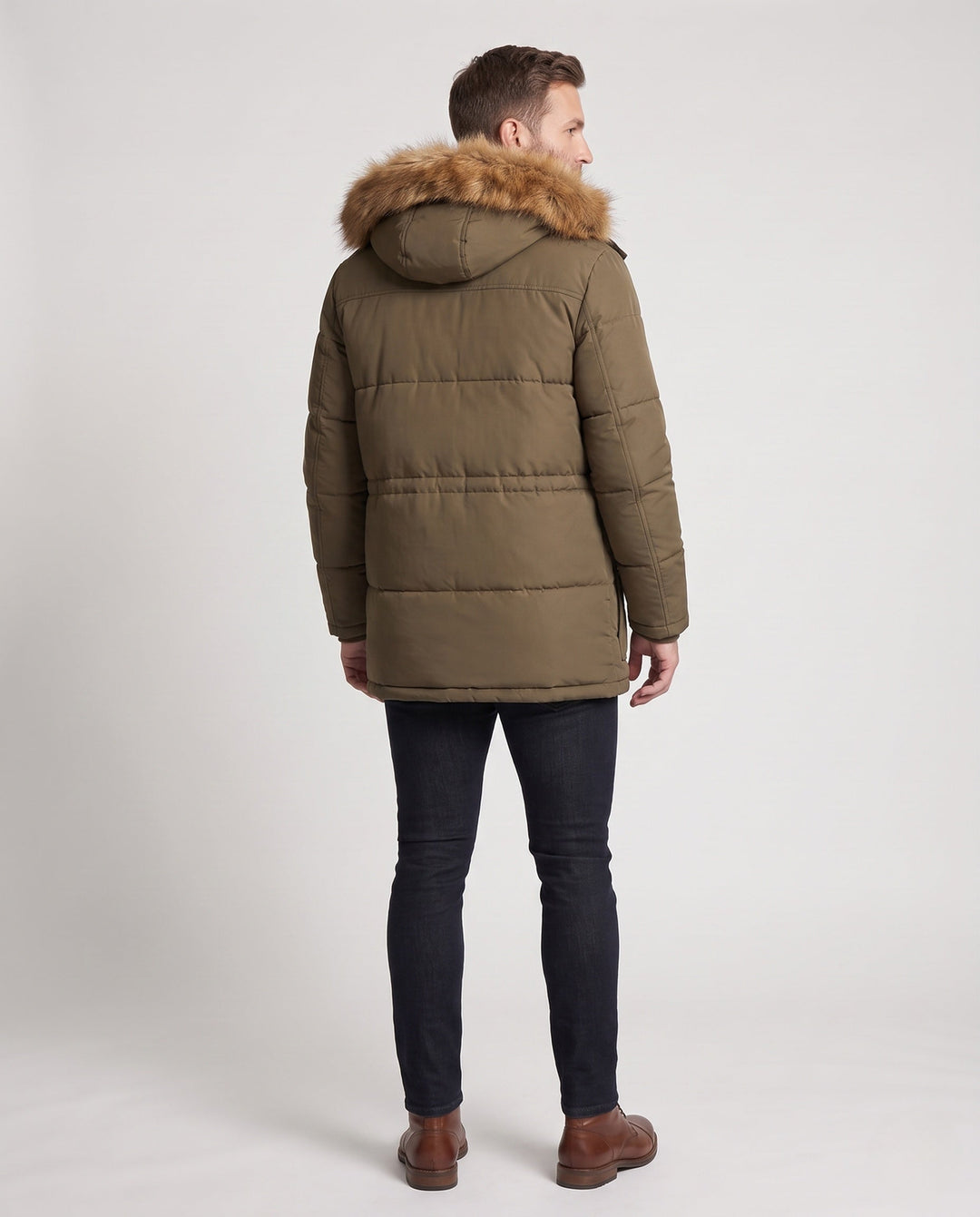 Herr thermally isolerad parka med teddy fleece innerfoder, avtagbar fusk päls huva och flerafunktionell fickor