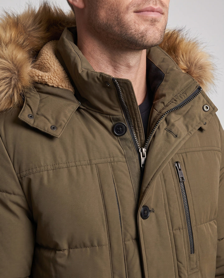 Herr thermally isolerad parka med teddy fleece innerfoder, avtagbar fusk päls huva och flerafunktionell fickor