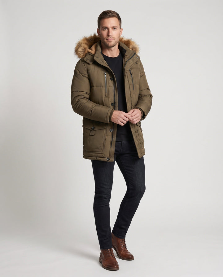 Herr thermally isolerad parka med teddy fleece innerfoder, avtagbar fusk päls huva och flerafunktionell fickor