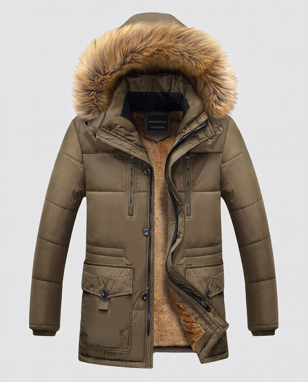 Herr thermally isolerad parka med teddy fleece innerfoder, avtagbar fusk päls huva och flerafunktionell fickor
