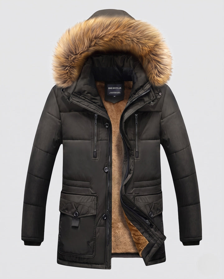 Herr thermally isolerad parka med teddy fleece innerfoder, avtagbar fusk päls huva och flerafunktionell fickor
