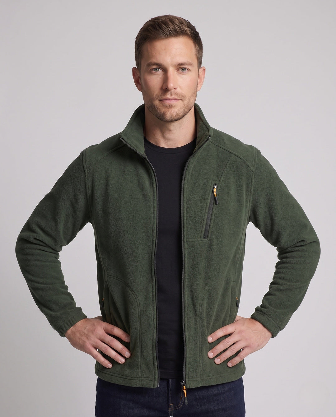 Herr värm fleece jacka med värmande foder, hög krage och fickor med dragkedja