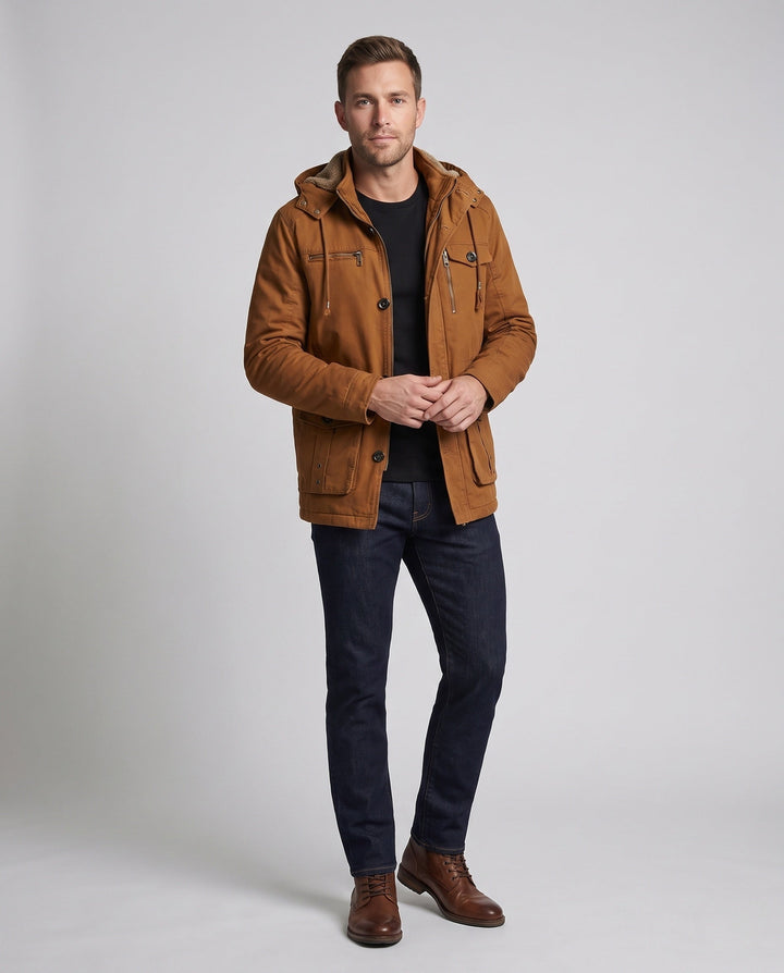 Herr värmer funktion field parka med teddyfoder, huva, och flera fickor