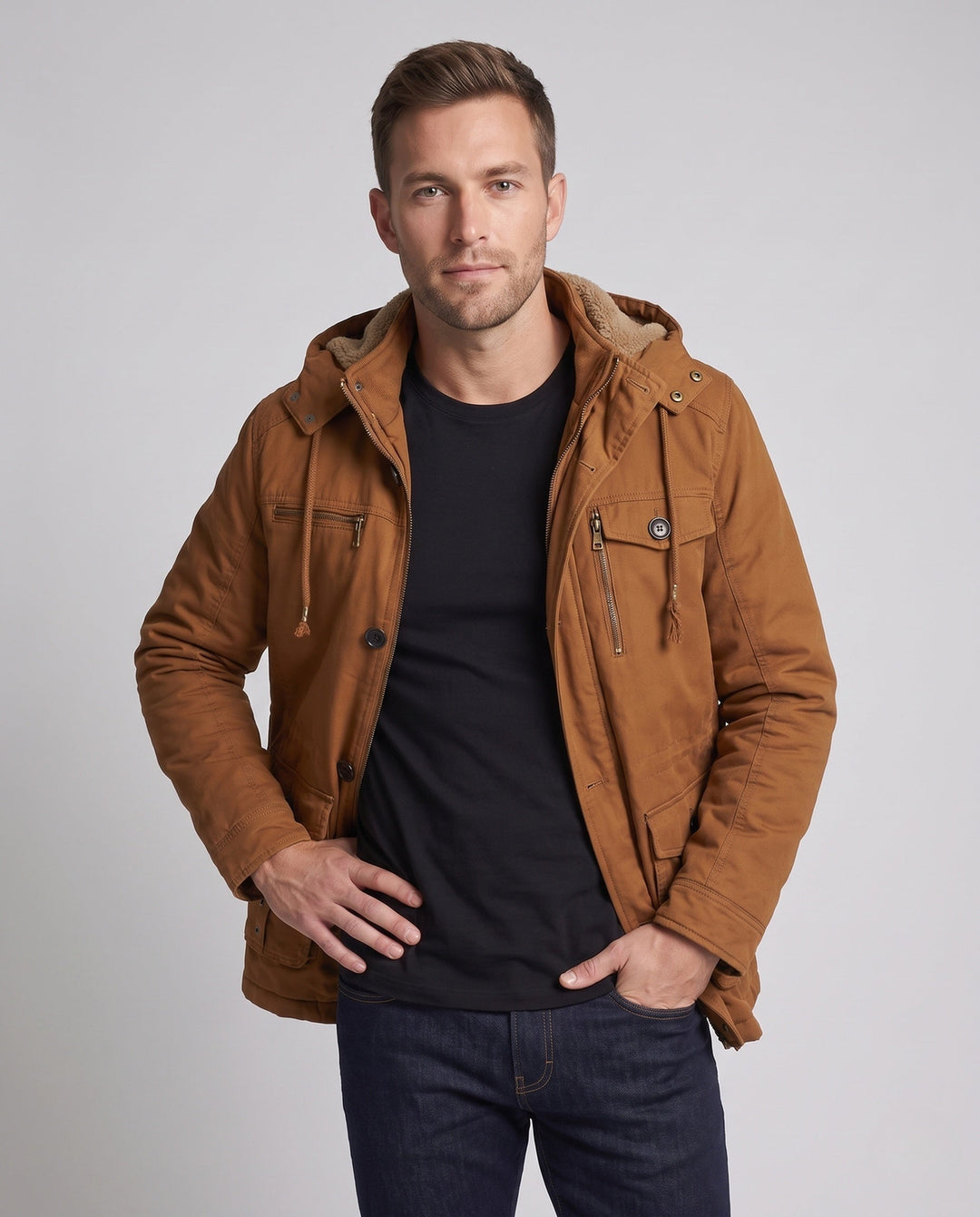 Herr värmer funktion field parka med teddyfoder, huva, och flera fickor
