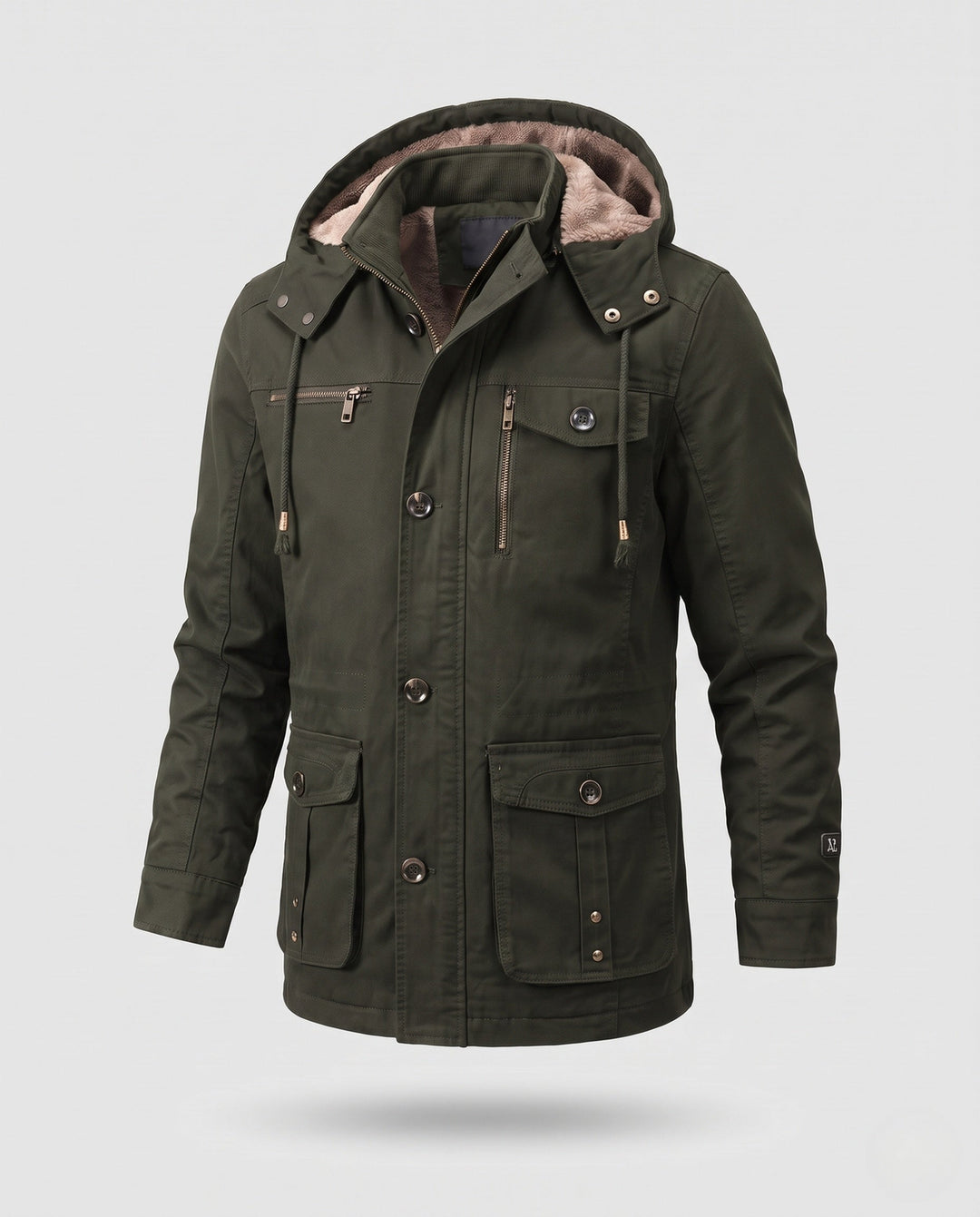 Herr värmer funktion field parka med teddyfoder, huva, och flera fickor
