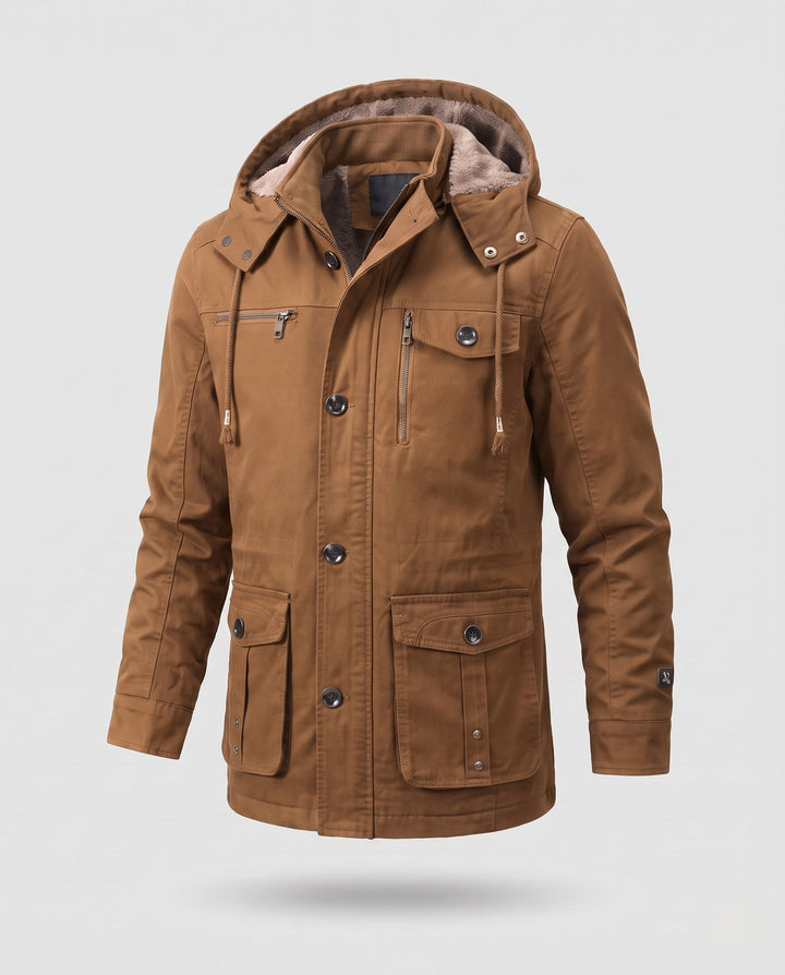 Herr värmer funktion field parka med teddyfoder, huva, och flera fickor
